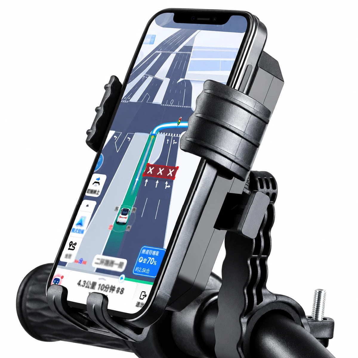 Black handlebar phone holder, phone fitted in mount