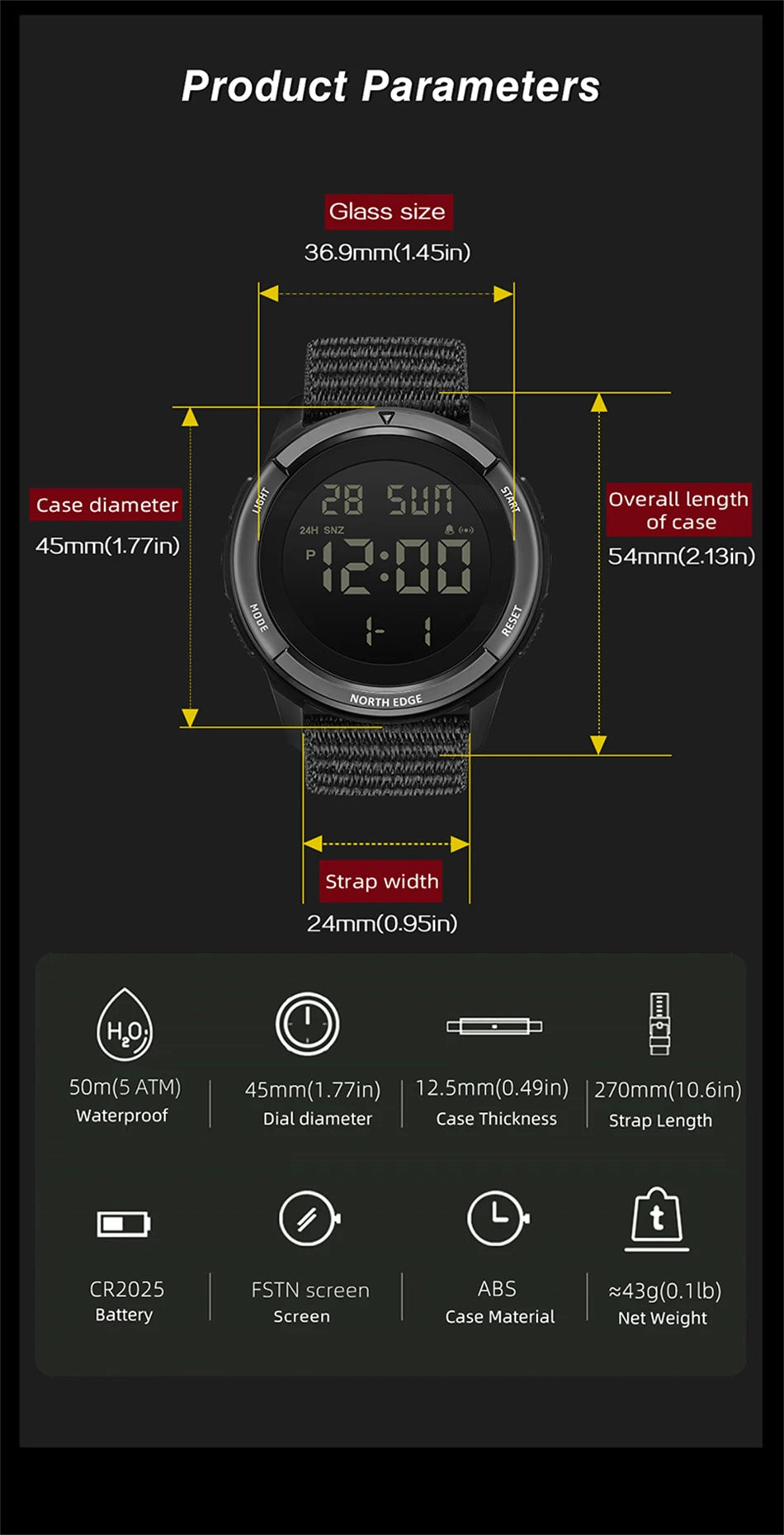 NORTH EDGE 2026 TERRAX Herrenuhr Digitaluhr Outdoor-Sport Schwimmen Wasserdicht 50M Stoppuhr Countdown Elektronische Uhr Für Herren