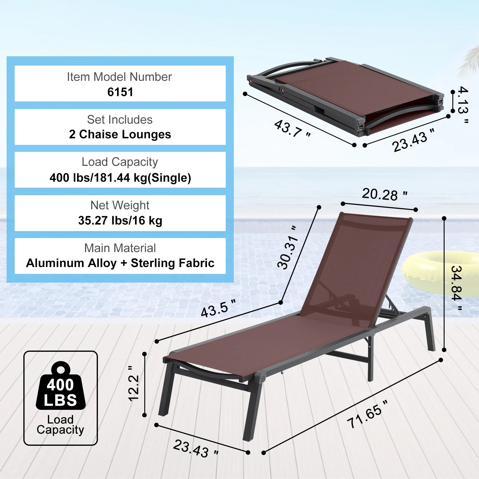 SucceBuy Chaise Lounge Chair Outdoor Aluminum Patio LoungeFolding Pool Lounge Recliner Full Flat for Patio Beach Pool Dark Grey