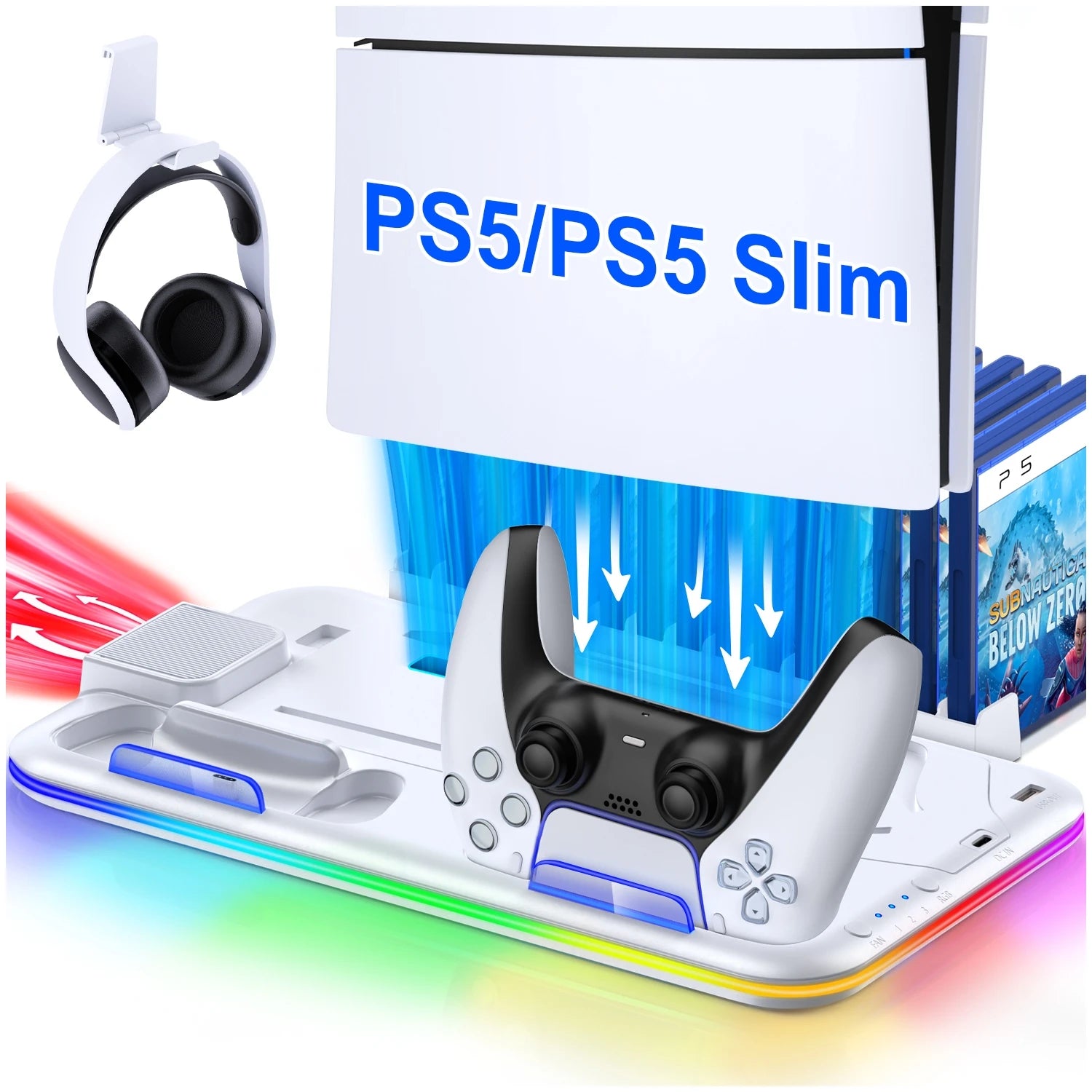 Slim Console Cooling Stand with RGB Light, Dual Controller Charger, 15 Game Slots and Headset Holder