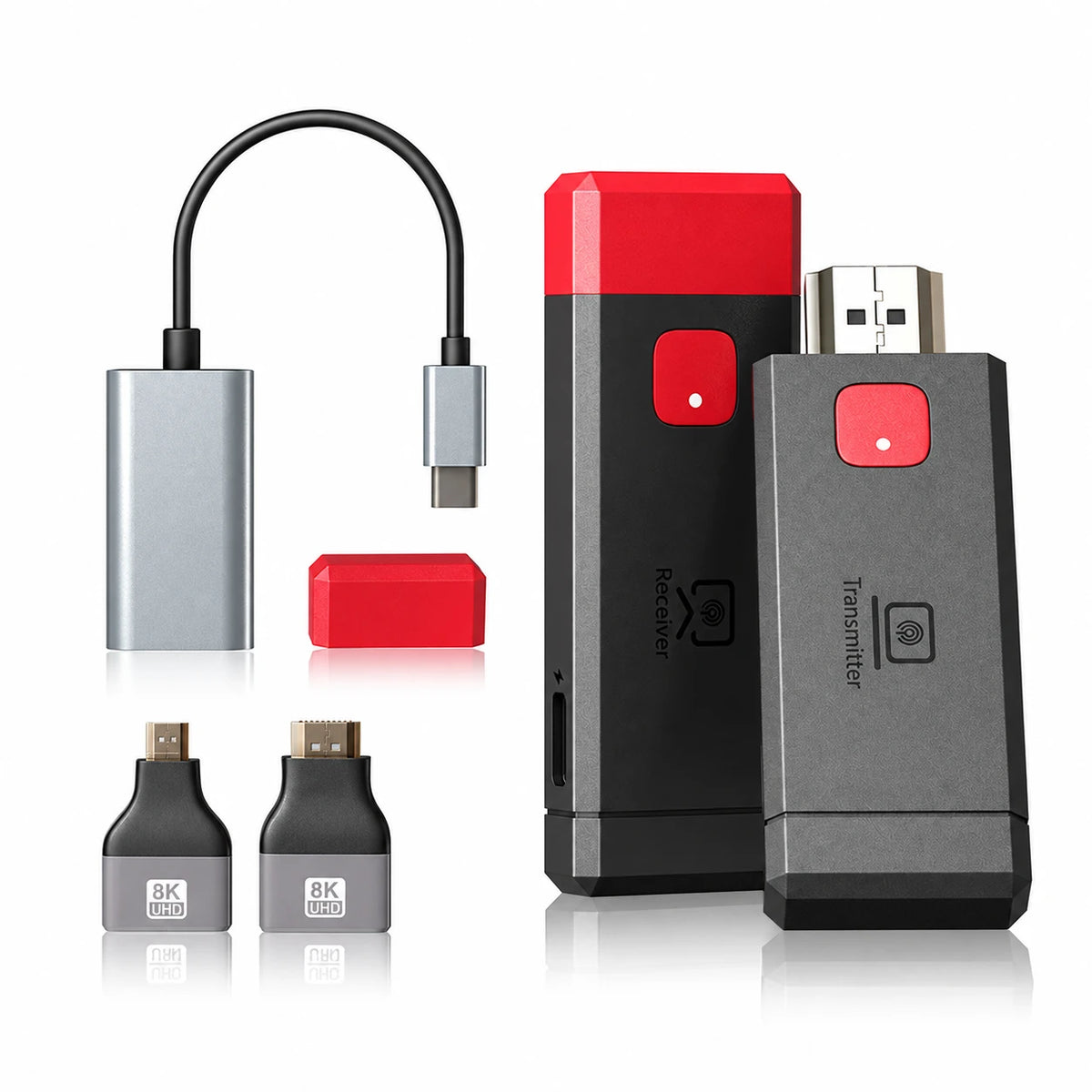 Wireless HDMI transmitter and receiver with USB-C adapter and HDMI adapters