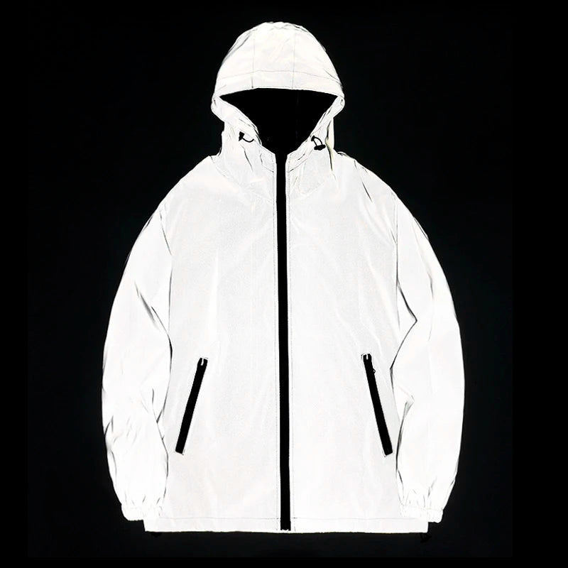 NEW SIZE Night Reflective Jackets Double Fabric Windbreaker Hooded Jacket Men Hip Hop Dancer Waterproof Zipper Coats Outwear 