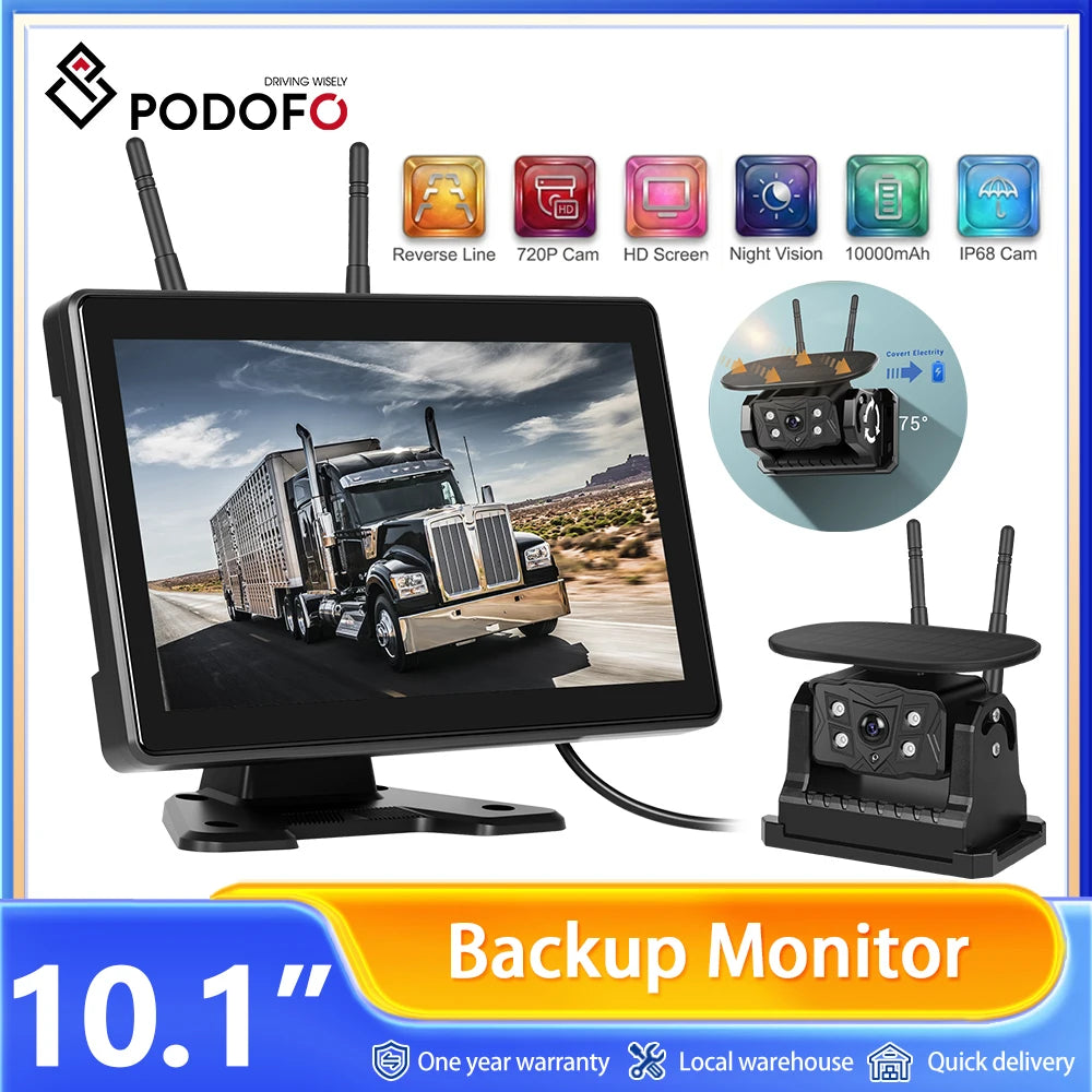 Podofo pantalla HD IPS de 10.1 pulgadas Monitor de reversa para coche + cámara reversa inalámbrica solar con grabación 720P