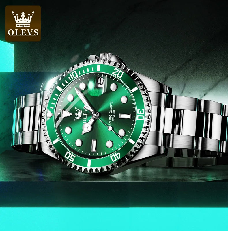 OLEVS Top Original Men Quartz Watch Green Waterproof Watch for Men Stainless Steel Quartz Men Luxury Watch Luminous Wristwatch 