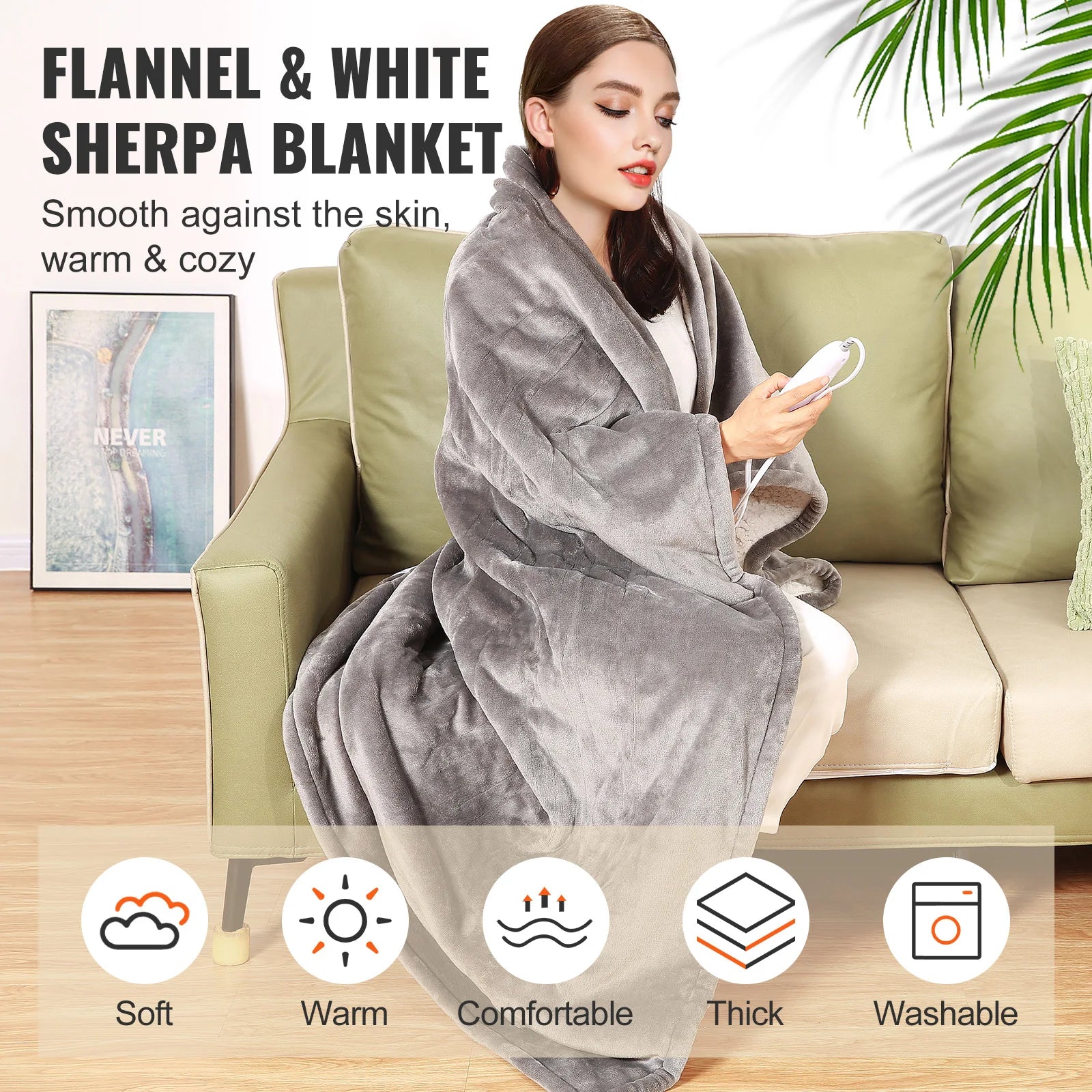 SucceBuy Heated Blanket Electric Throw 4 Sizes Soft Flannel & Sherpa Heating Blanket with 3 Hours Timer Auto-off 5 Heating Level