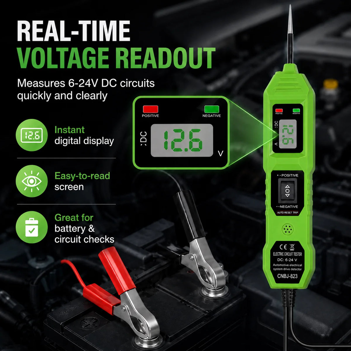 Smart Car Circuit Tester 823, s LED zobrazením napätia - napájanie USB, kompatibilné s vozidlami 3,5–36 V DC