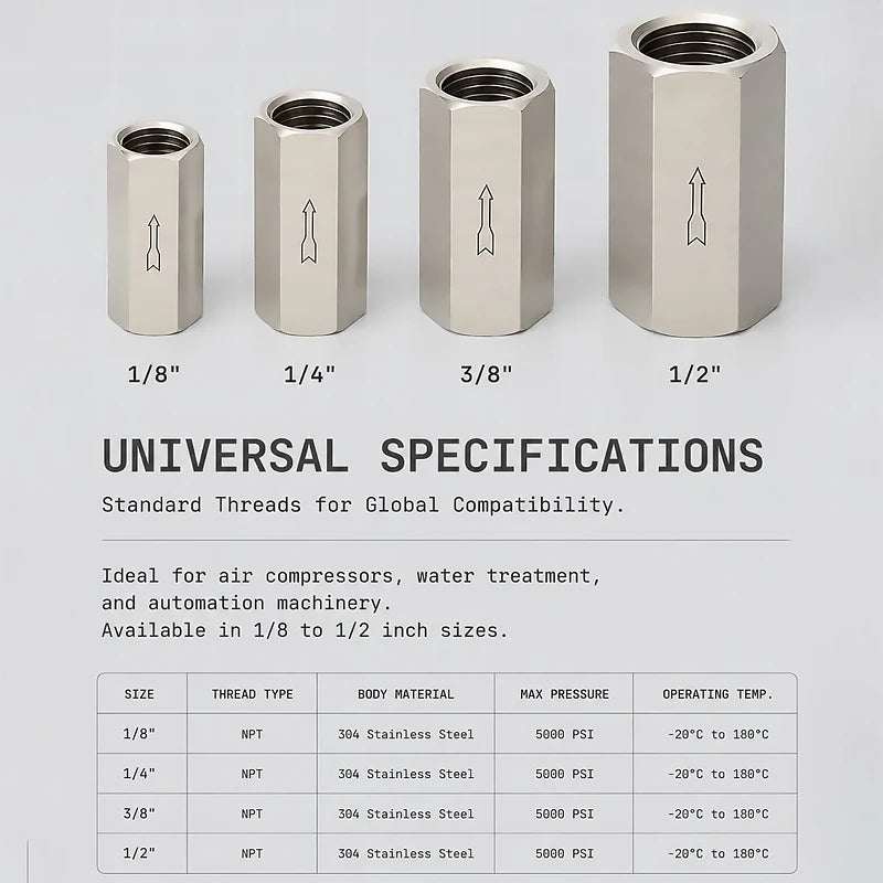 Stainless Steel Female Thread Check Valve, 1/8 to 1/2 BSP