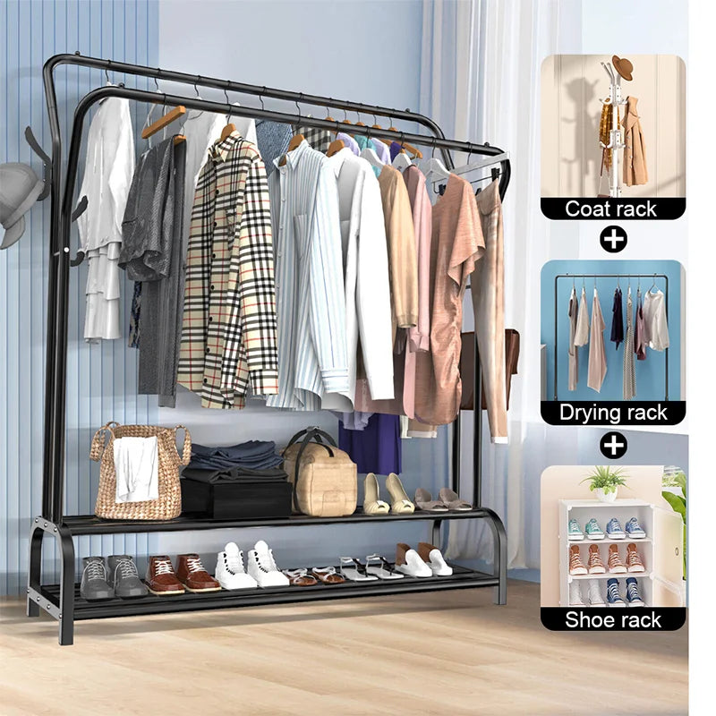 Double Rail Standing Clothes Rack with Storage Shelves