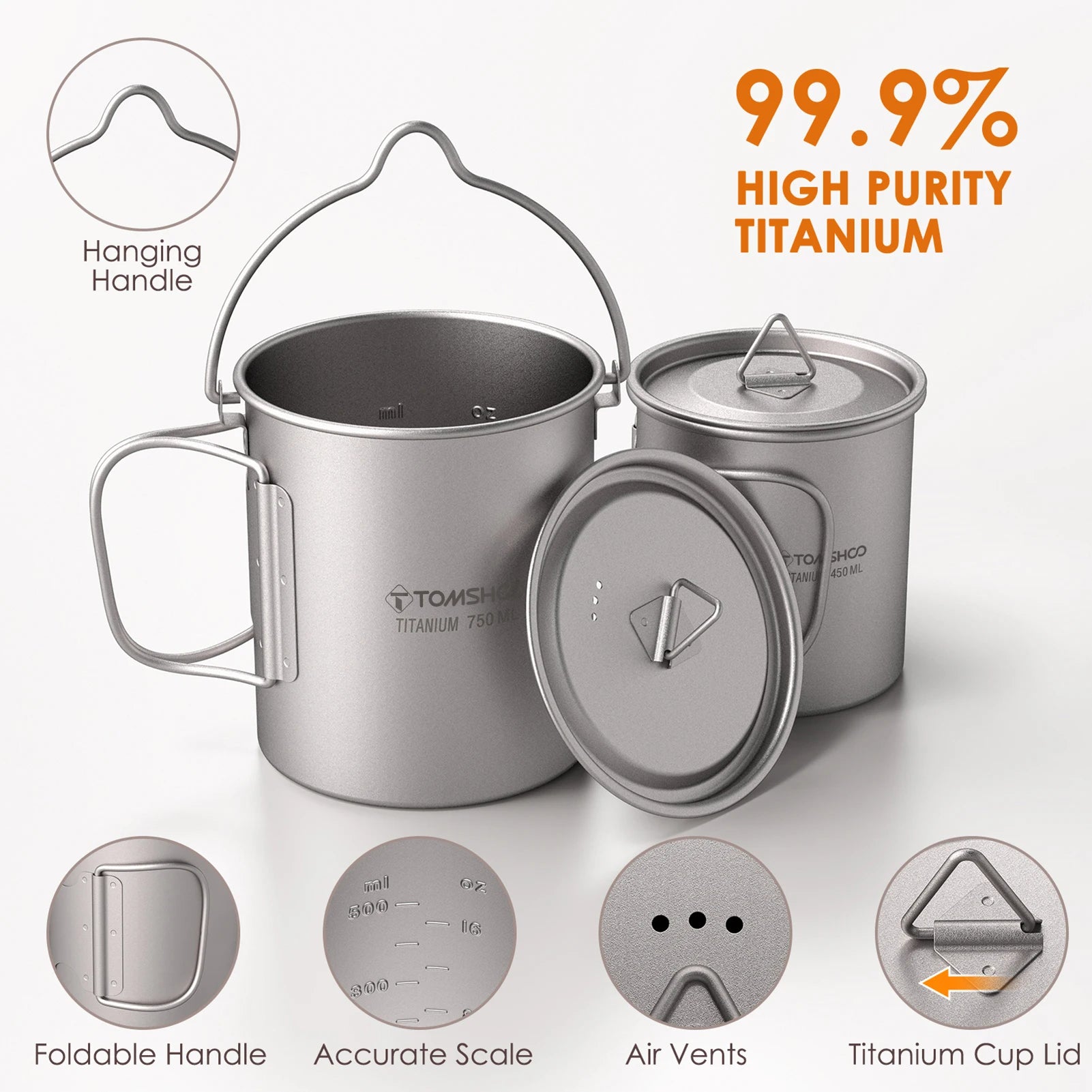 3-Piece Titanium Cookware Set with 750ml Pot, 450ml Cup, Folding Spork