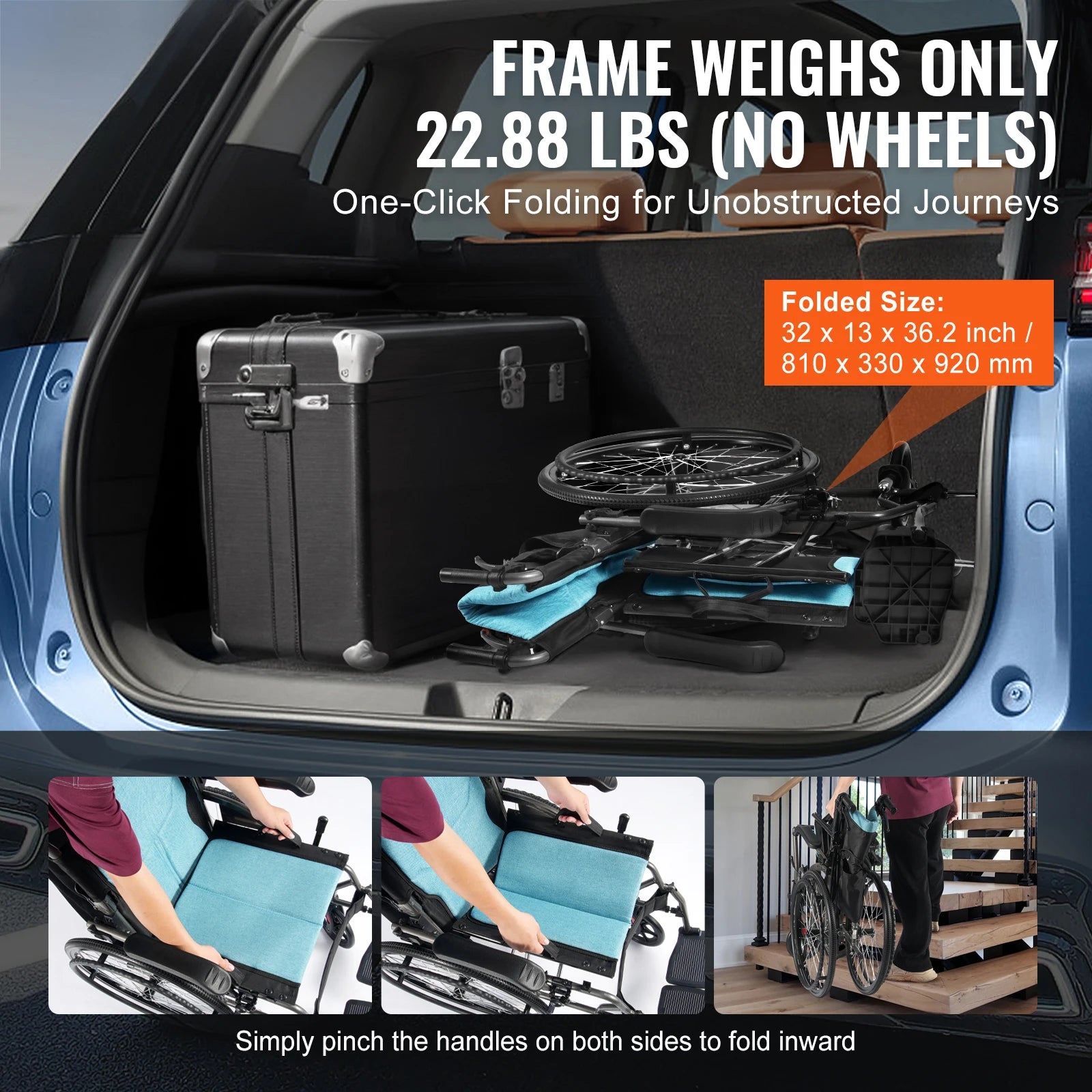 SucceBuy Wheelchair Aluminum Alloy with Flip-Back Desk-Length Arms 3-Position Adjustable 18-Inch Wide Seat 250lb Weight Capacity