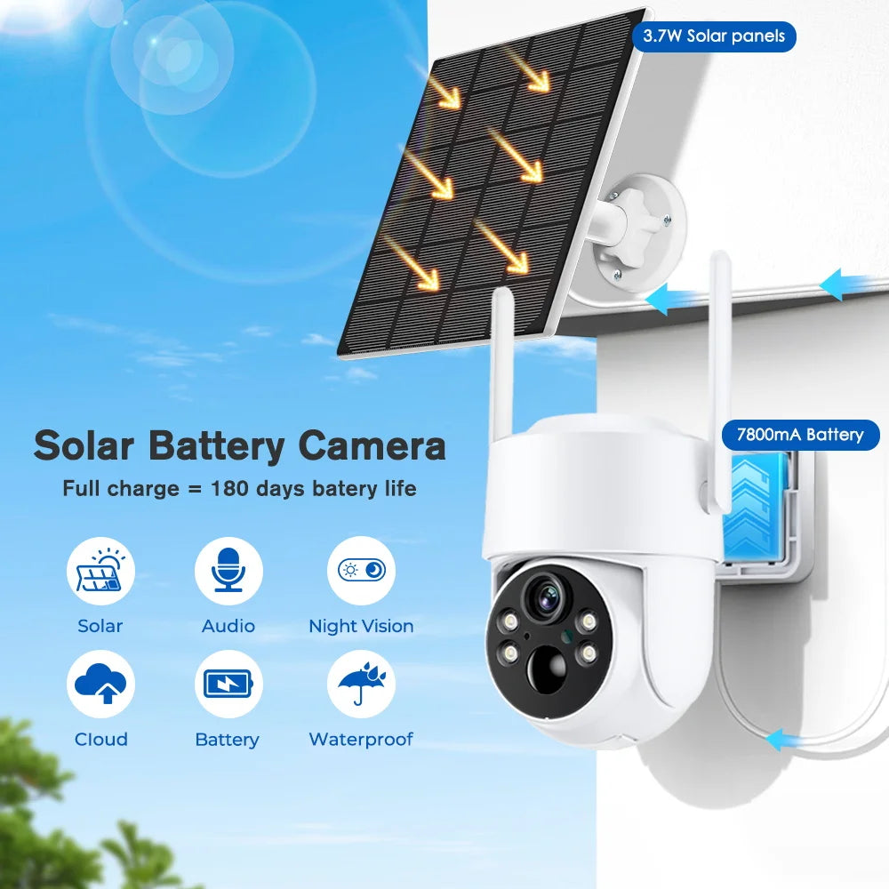 WiFi PTZ Camera Outdoor Wireless Solar IP Camera 4MP HD Built-in Battery Video Surveillance Camera Long Time Standby iCsee APP 