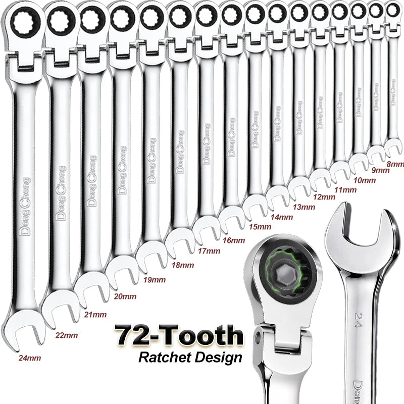 Flexible-Head Ratchet Spanner, 8–24 mm Size Options