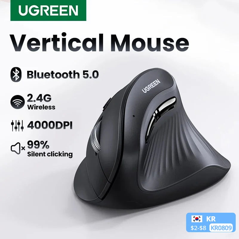 UGREEN Vertical Mouse Wireless Bluetooth5.0 2.4G Ergonomic 4000DPI 6 Mute Buttons for MacBook Tablet Laptops Computer PC Mice 