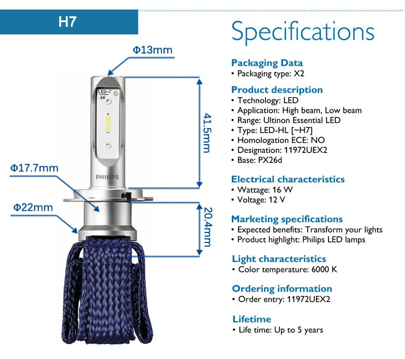 Philips LED H4 H7 HB3 HB4 H8 H11 H16 Ultinon Essential Auto svetlá 6000K Jasný biely HIR2 9012 9005 9006 LED Upgrade žiarovky