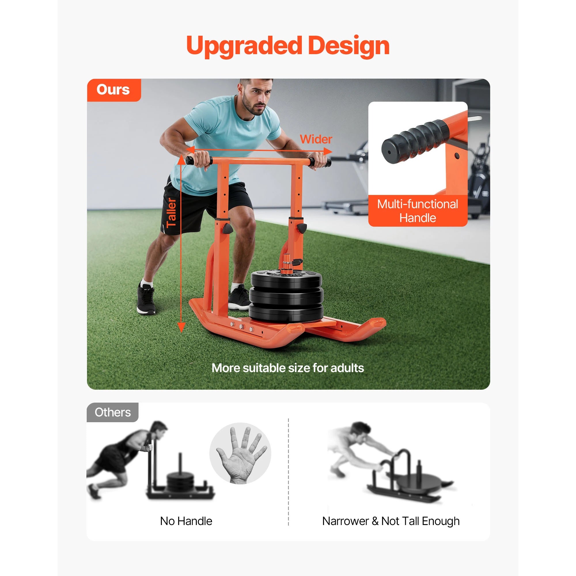 SucceBuy vægtslæde i stål – power sled til fitnesstræning, træningssled til øvelse med justerbar højde, håndtag, orange/sort (1/2 in)