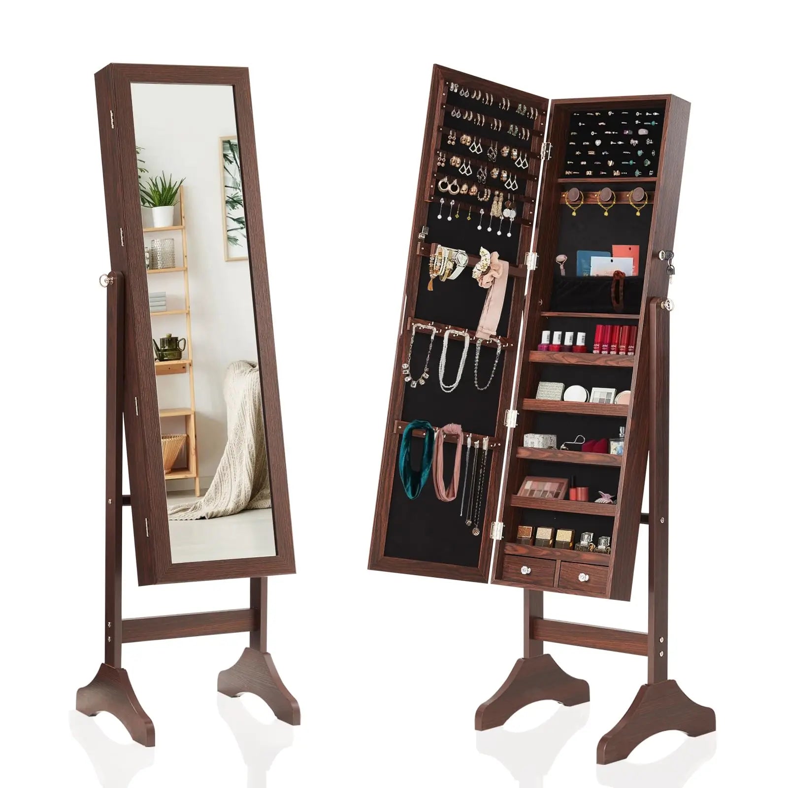 Full-Length Jewelry Armoire Mirror with Lockable Storage Cabinet