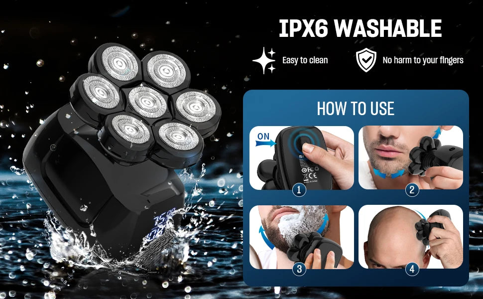 Rasoir de tête 7D pour hommes chauves – Trousse de toilettage électrique étanche