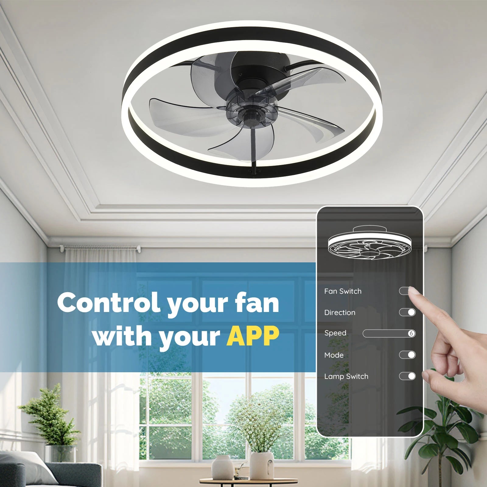Flush Mount Ceiling Fan with Remote, 19.7" LED Dimmable Light