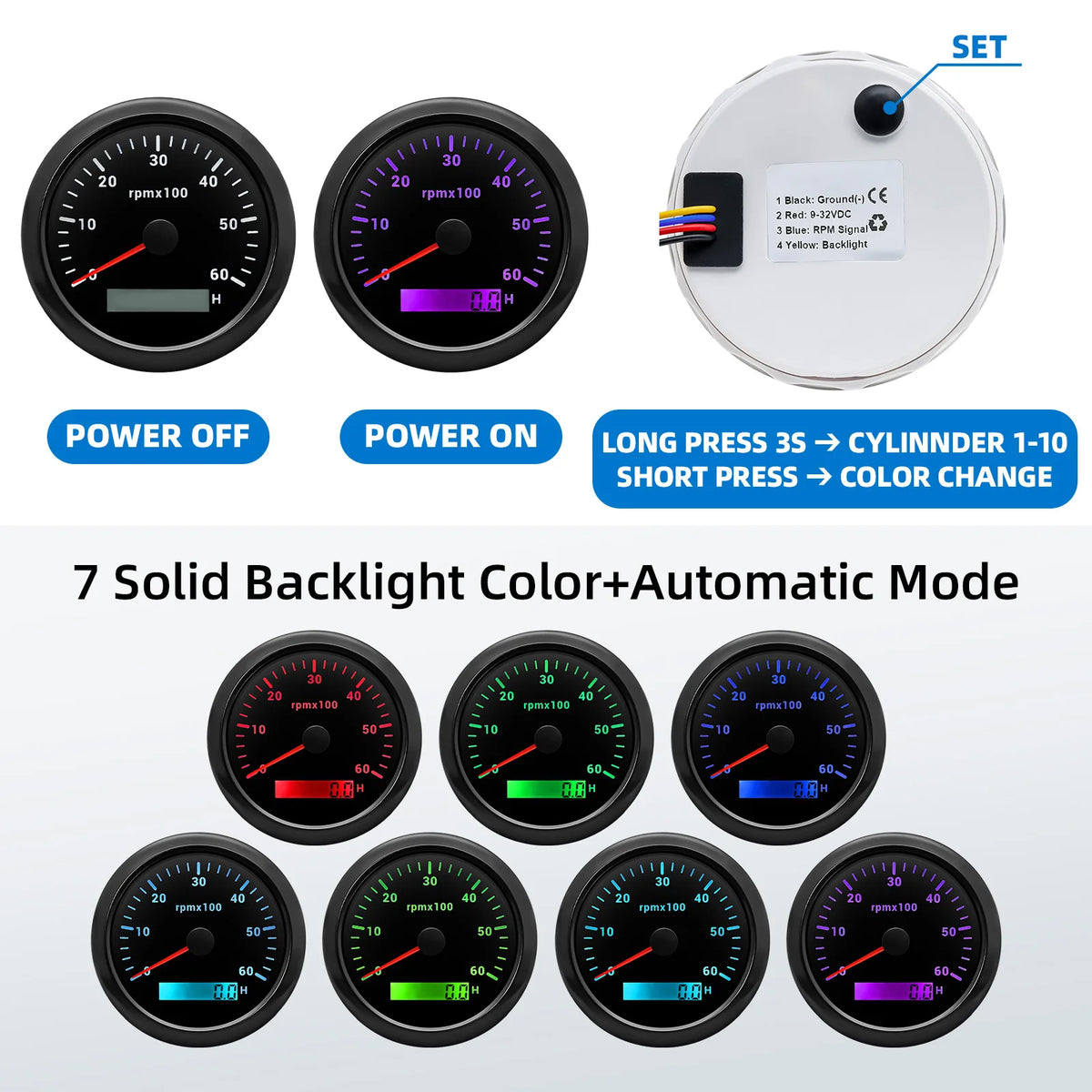 Conta-rotações de 85mm com contador de horas LCD e retroiluminação