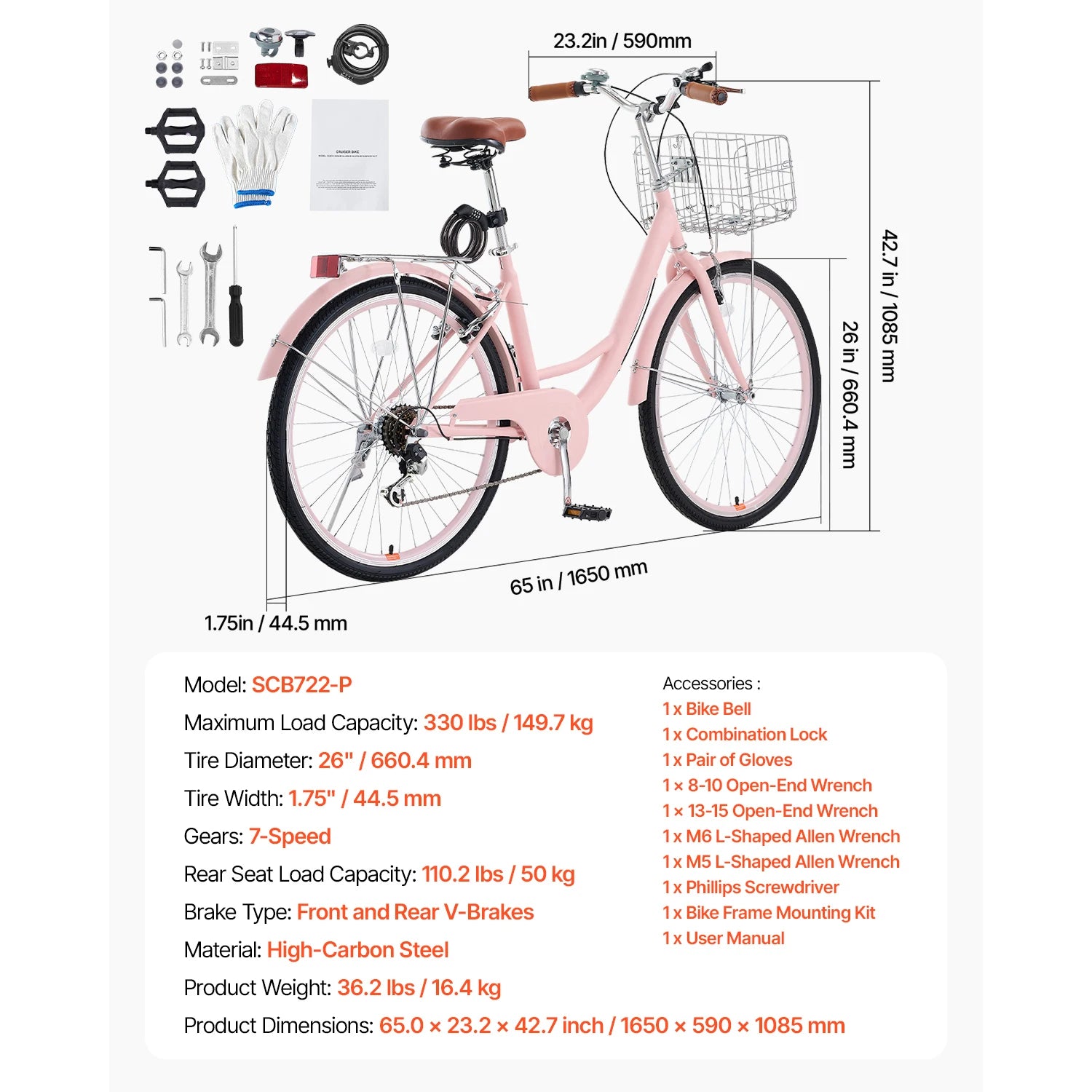 24/26 Inch Cruiserfiets met Mand & Achterdrager, 7 Versnellingen Comfortabele Rit