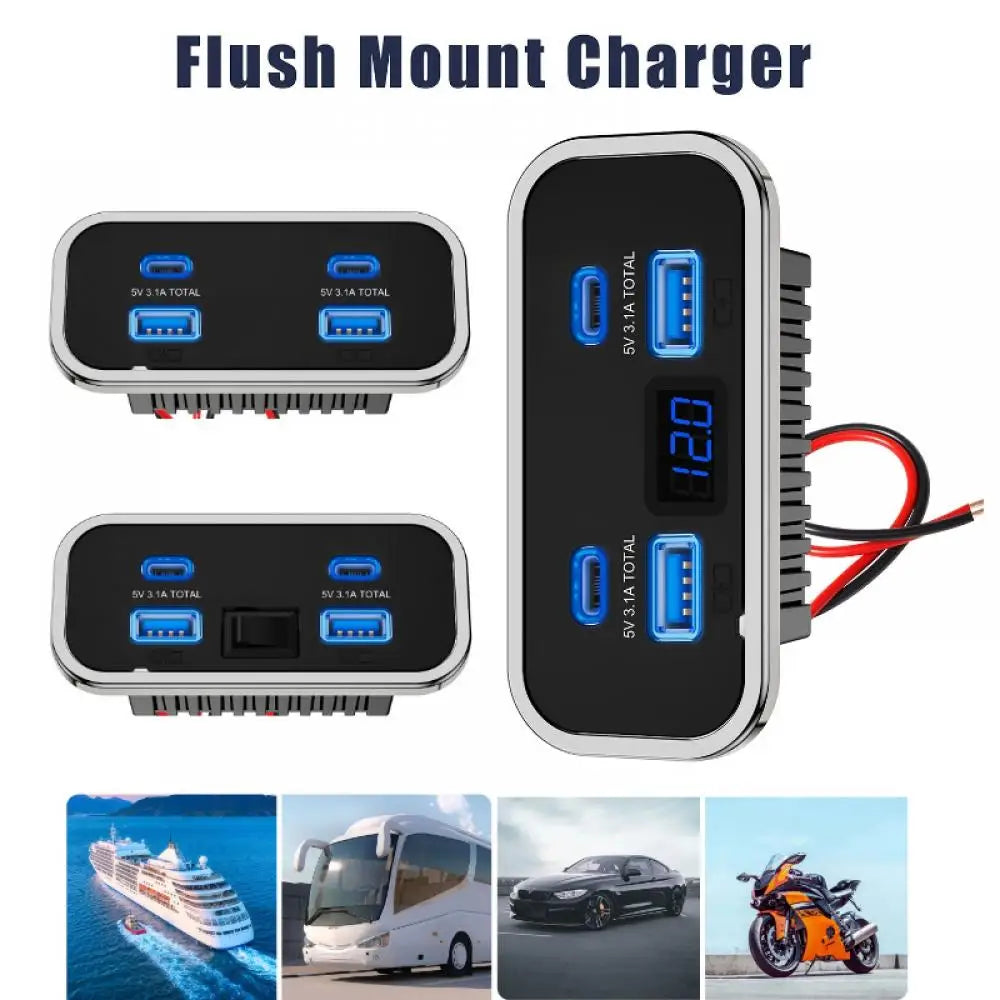 4-Port 12V/24V Car USB Socket Charger 76W Dual PD3.0 Type-C & Dual Quick Charge QC3.0 Power Adapter for Marine Bus ATV Truck
