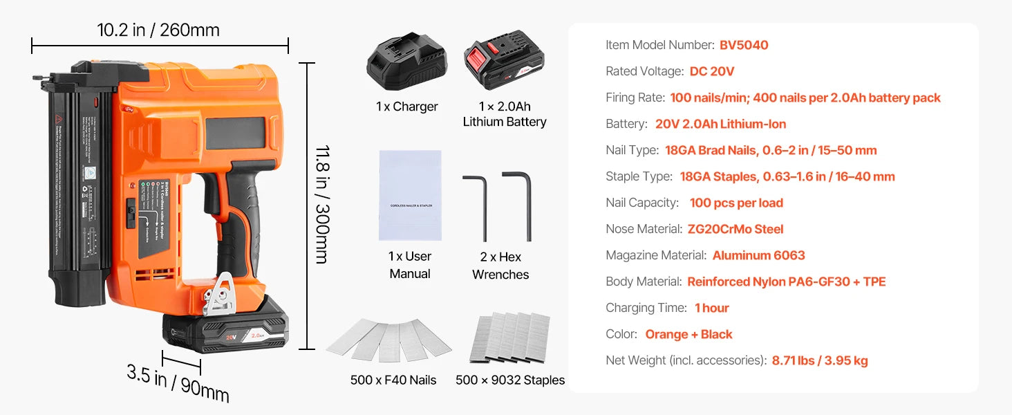 SucceBuy Cordless Brad Nailer 18 Gauge 20V Battery Powered Nail Gun and Staple Gun with 500 pcs Nails 500 pcs Staples