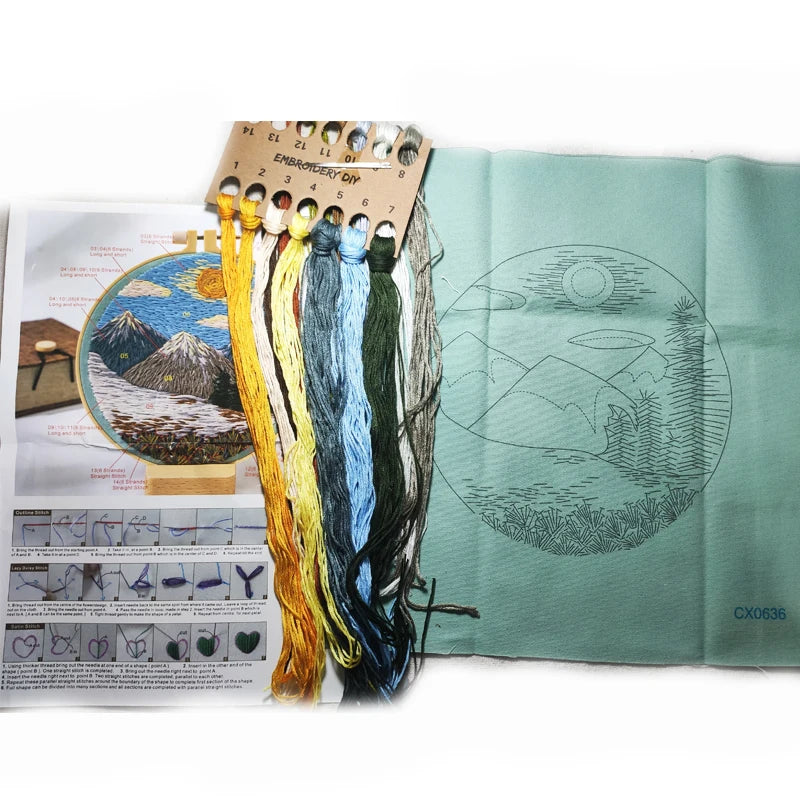 Printed Landscape Embroidery Kit, Hoop Options