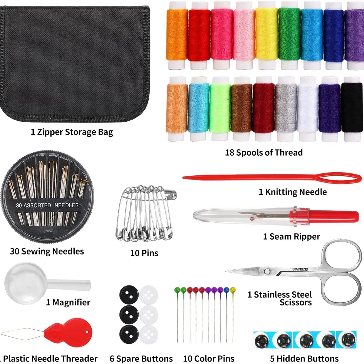 Kit de costura compacto y portátil para principiantes y profesionales, incluye agujas, hilo, tijeras y otros accesorios esenciales