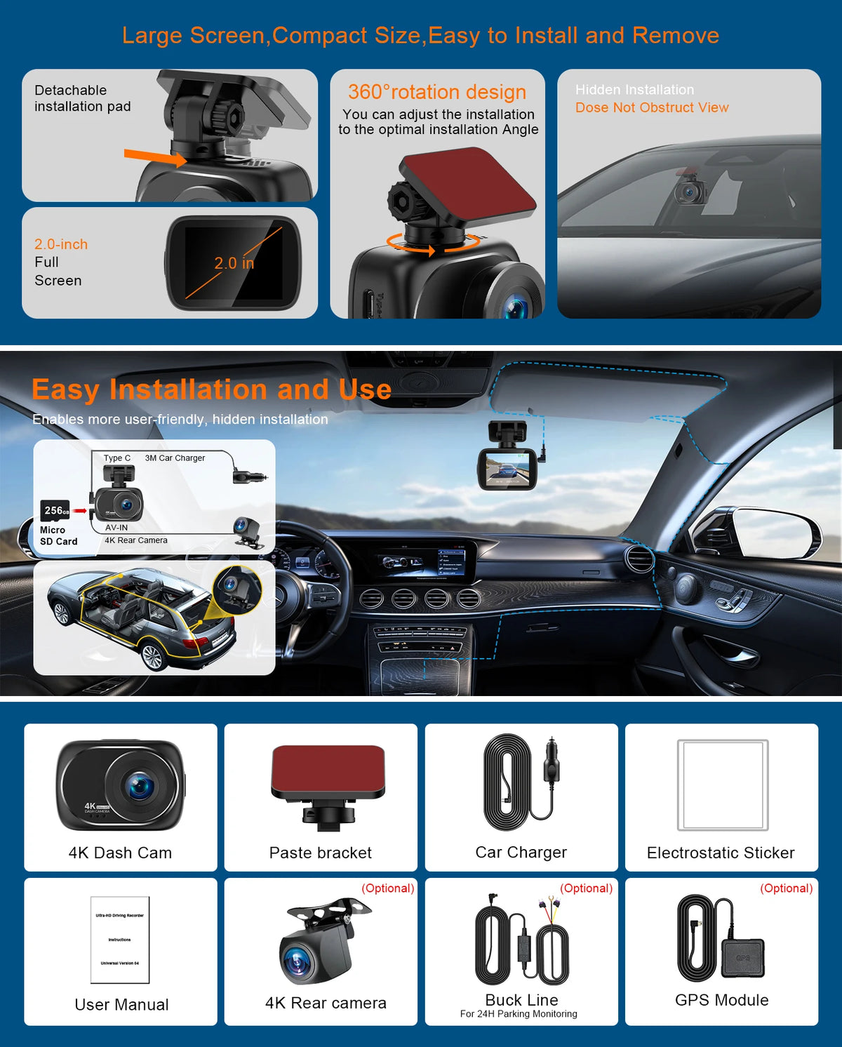 Soam 4K+4K Dash Cam Front and Rear Built-in WiFi 170°Wide Angle 2" IPS Screen Night Vision WDR 24H Parking Mode Mini Black Box