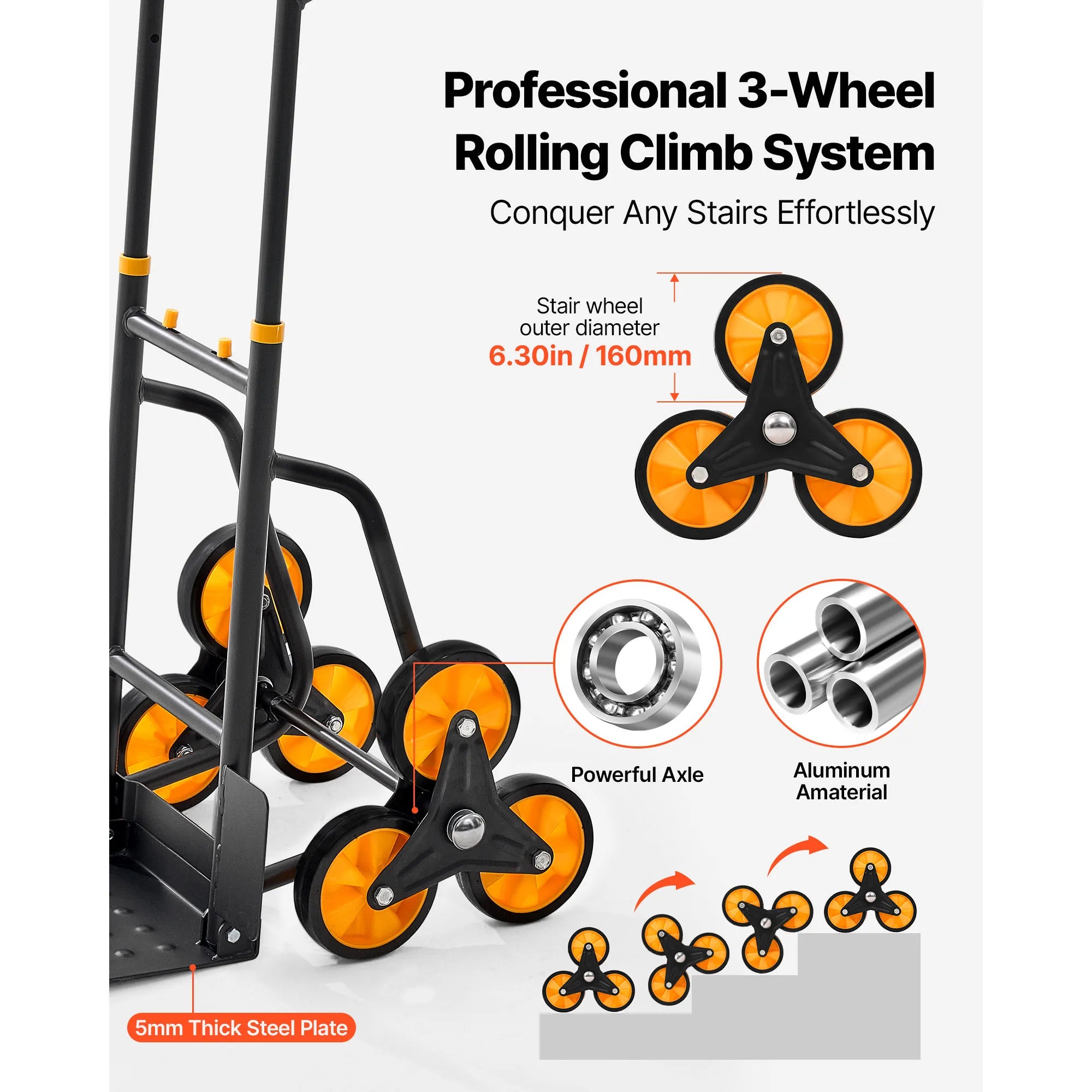 Heavy Duty Stair Climbing Cart with Telescoping Handle, 6 Wheels, 2 Bungee Cords