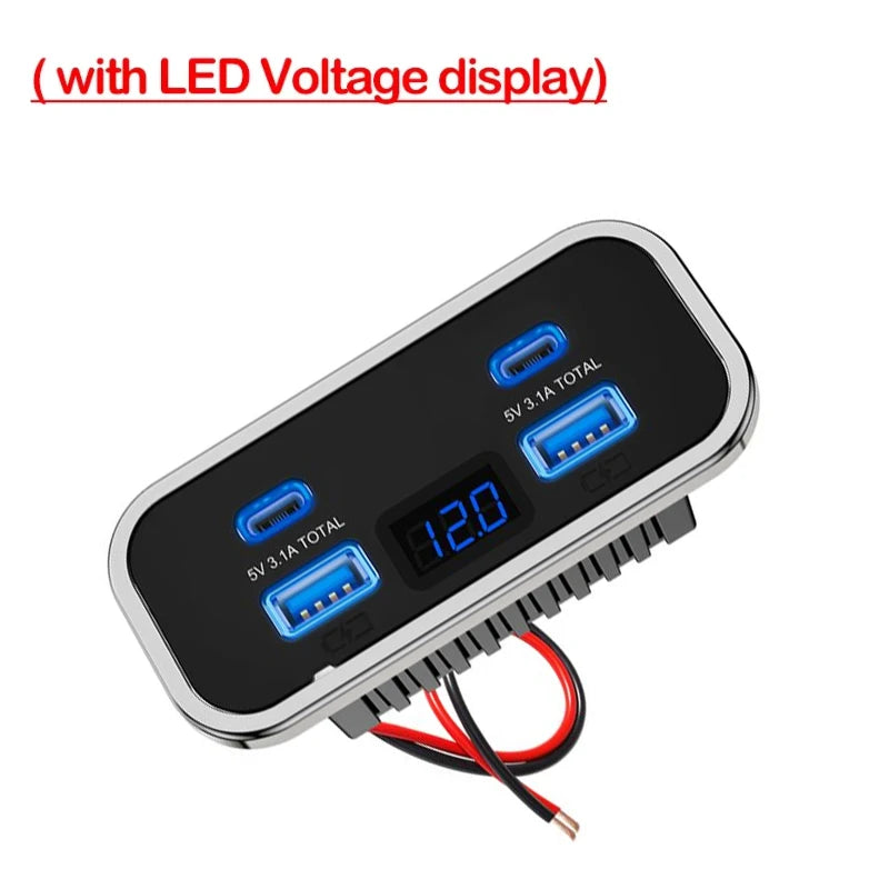 4-Port 12V/24V Car USB Socket Charger 76W Dual PD3.0 Type-C & Dual Quick Charge QC3.0 Power Adapter for Marine Bus ATV Truck