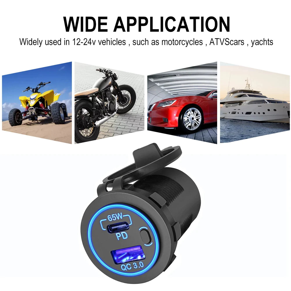 83W 12V USB Outlet Laptop Charger 65W USB-C PD3.0 & 18W QC3.0 Multi Car USB Port Socket Waterproof with Power Switch For RV Car