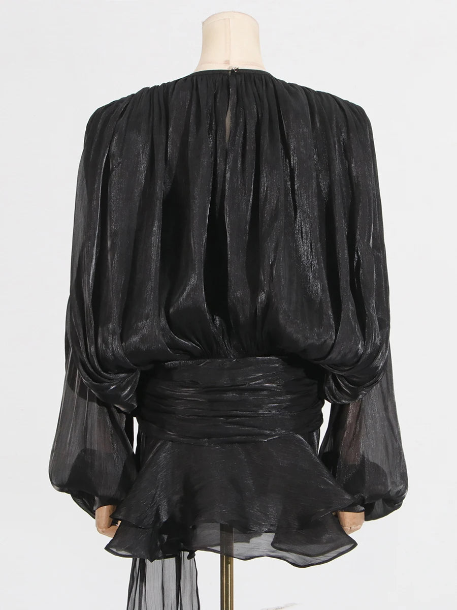 GALCAUR Solid Loose Splicd Lace Up Dresses For Women V Neck Long Sleeves Patchwork Ruffles Tunic Dreses Female Fashio New 