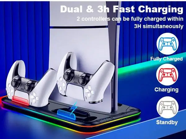 Slim Console Cooling Stand with RGB Light, Dual Controller Charger, 15 Game Slots and Headset Holder