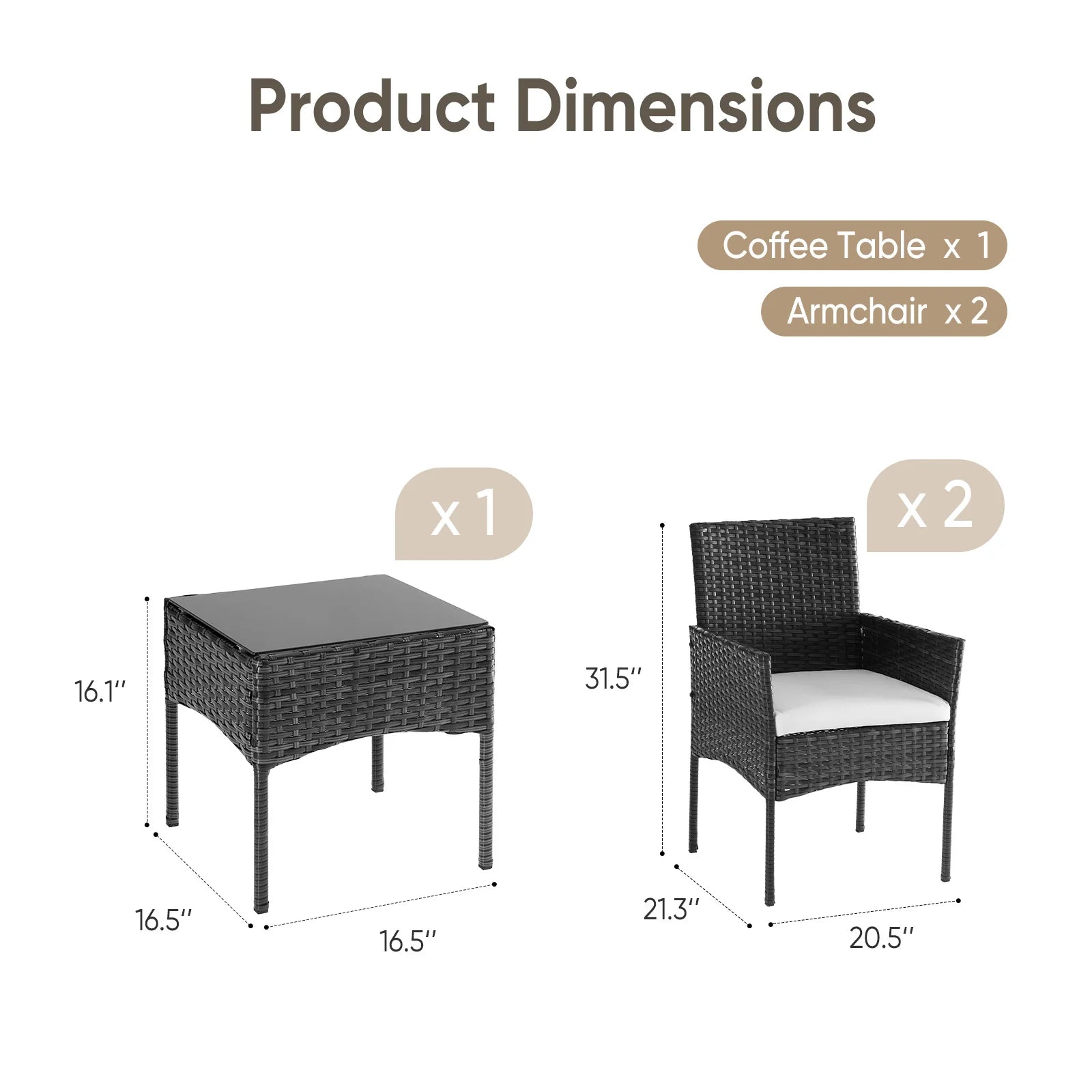 Set da giardino in rattan 3 pezzi con cuscini e tavolo in vetro