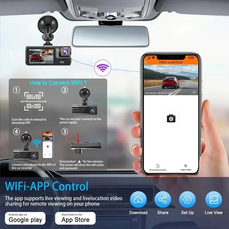 3 Channel WiFi Dash Cam Front Inside Rear 1080P Night Vision DVR