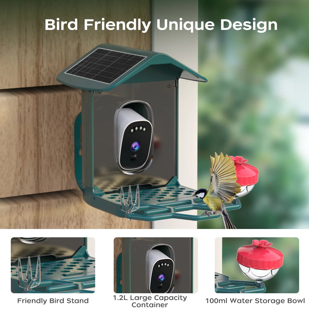 Solar Powered Bird Feeder Camera with 2K Night Vision