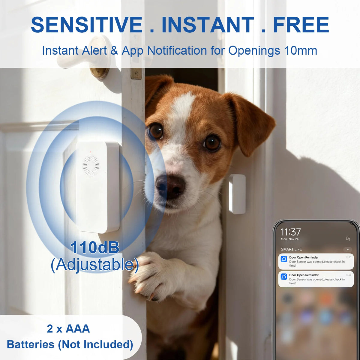 Tuya Smart WiFi Door Sensor 110dB Sound Window Sensor Smart Life Door Sensor APP Alert Alarm Door Window Magnetic Sensor