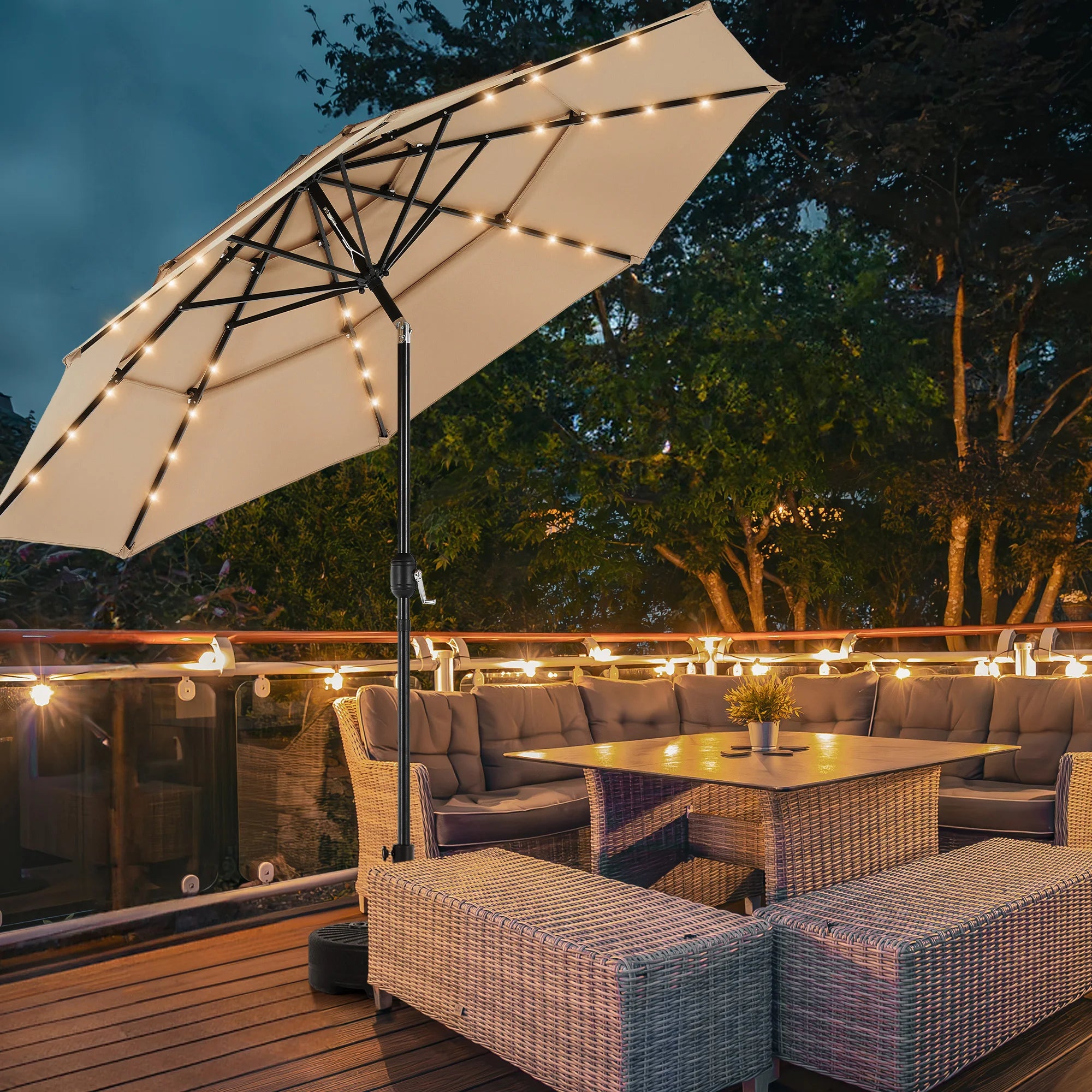 10FT udendørs parasol med solcelle-LED-lys og vippefunktion