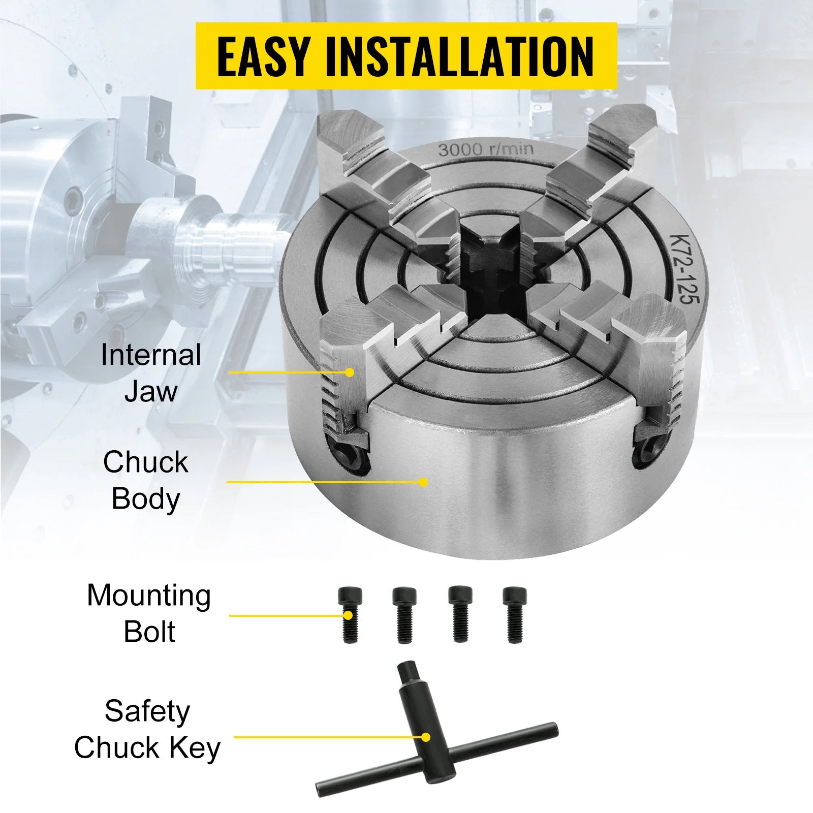 SucceBuy K72-125 Lathe Chuck 5 Inch 4-Jaw Independent Reversible Jaw Metal Lathe Chuck Turning Machine Accessories, Lathes Use