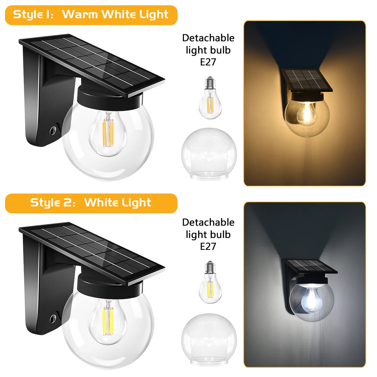 Lámpara solar de pared con bombilla LED E27, IP65, dos modos