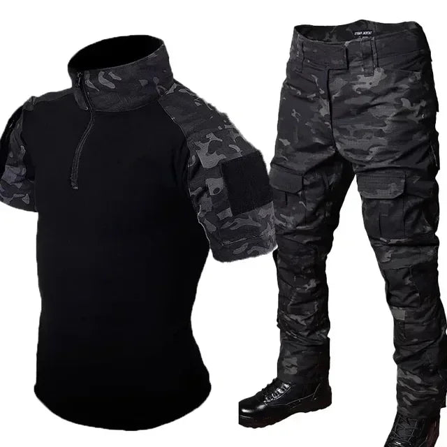 Black Camo Training Sets 1/4 Zipper Combat Tops Tactical Suits Hiking Pants Men Durable Shirts Multiple Pockets Wear-resisting