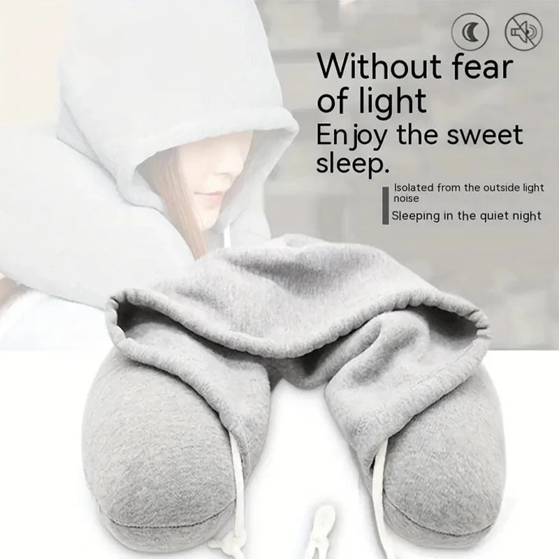 SEAMETAL Portable Neck Pillow for Long Travel U-Shape Neck Rest Pillow with Hood Privacy Protection Passenger Headrest Pillow