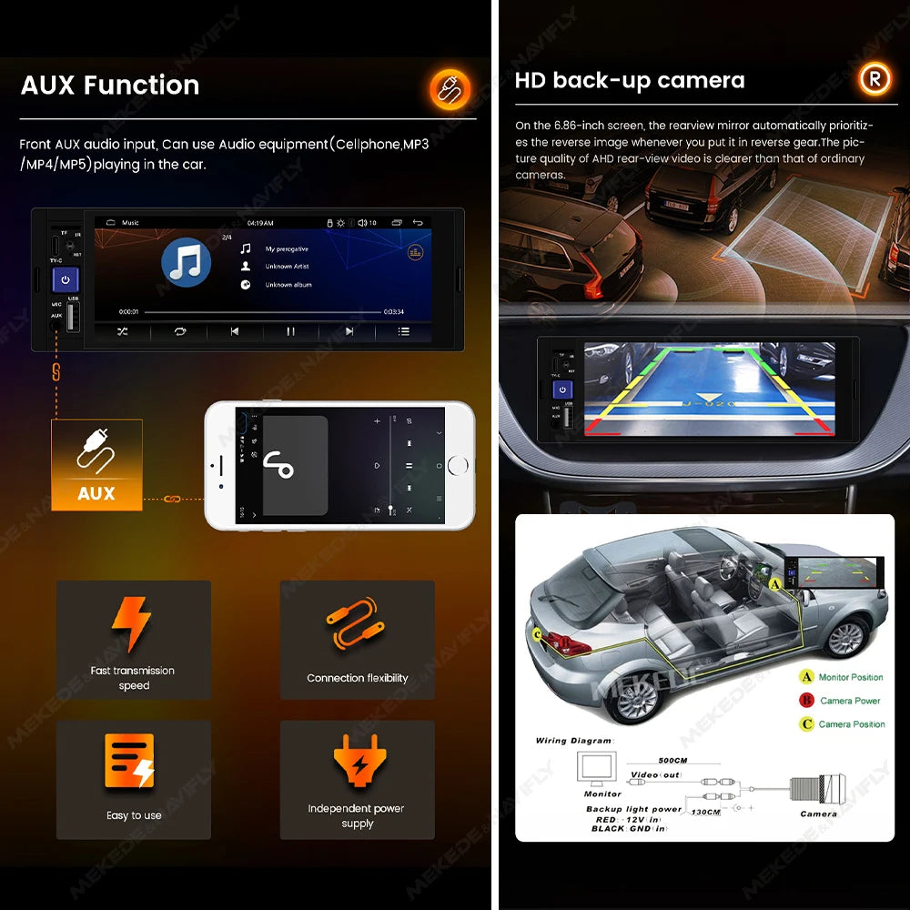 6,86" 1DIN autoradio met draadloze CarPlay, Android Auto en Bluetooth
