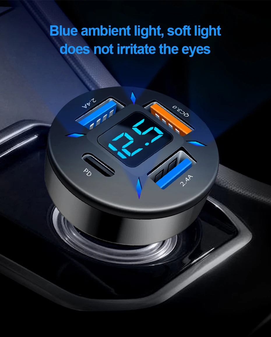 66W Car Charger Quick Charge Cigarette Lighter Adapter 4-Port USB A+USB C Fast Charging Phone Charger for iPhone Xiaomi Samsung