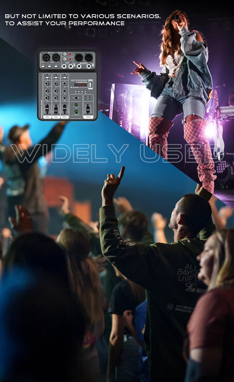 4 Channel Audio Mixer 48V Phantom Power USB Studio Sound Mixers Bluetooth DJ Console Mixing for Karaok 