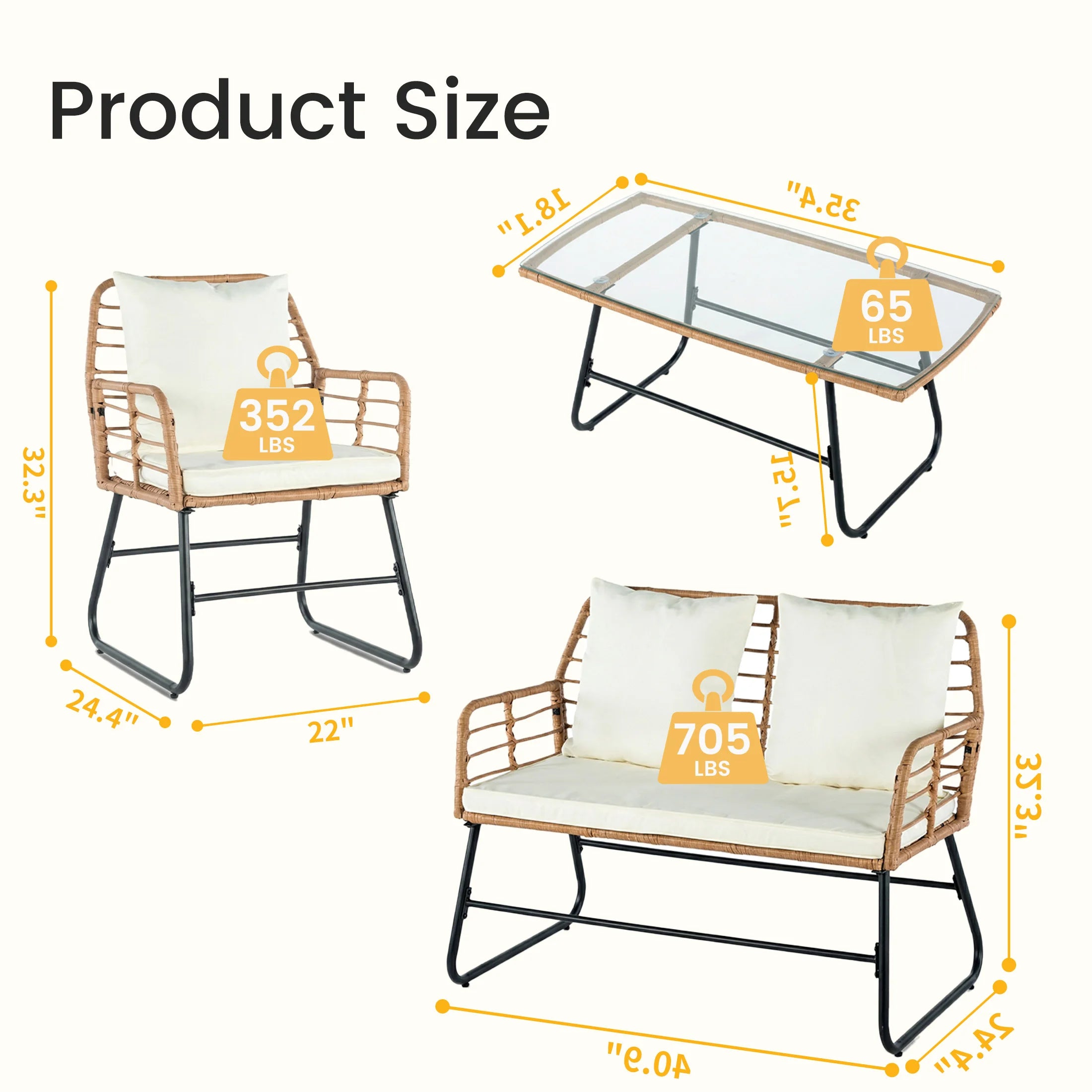 Set di mobili da esterno in vimini JHK per patio, 4 pezzi con cuscini morbidi e tavolo in vetro, sedie intrecciate a mano per giardino e prato