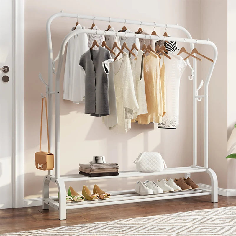 Double Rail Standing Clothes Rack with Storage Shelves