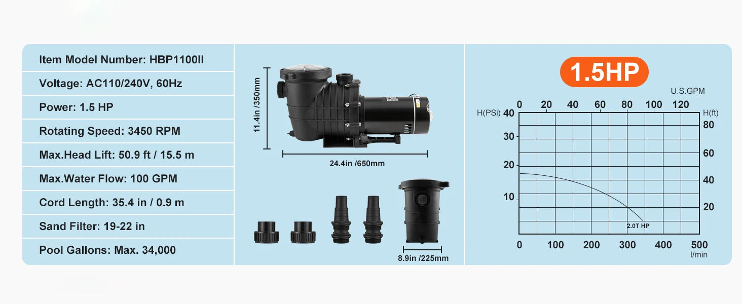 Nadzemní bazénové čerpadlo 1HP–2HP s jednou rychlostí a filtračním košem