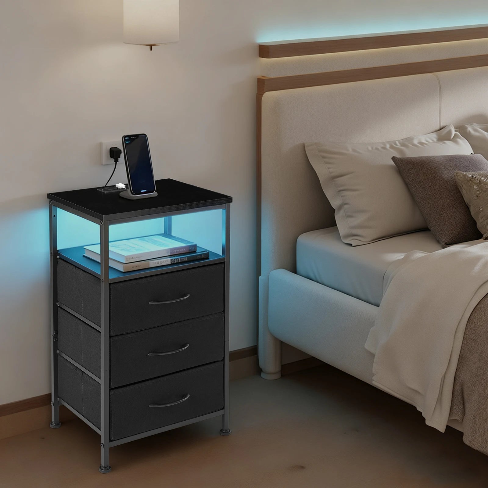 Nightstand with Charging Station, LED Light & 3 Fabric Drawers